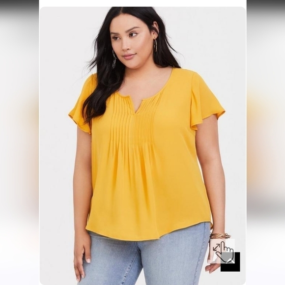 Torrid Blouse Women's 12 Mustard Georgette Pintuck Vneck Work Exellent - Picture 1 of 9